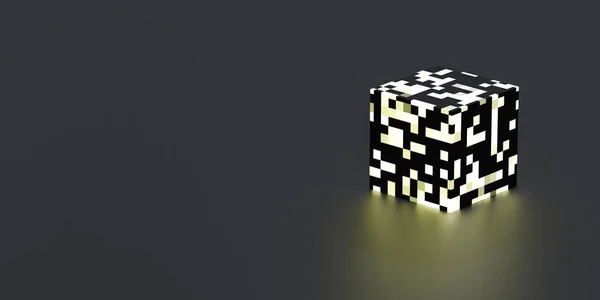 Forma cubo su sfondo scuro con pixelated superficie luminosa 3d rendering illustrazione — Foto Stock