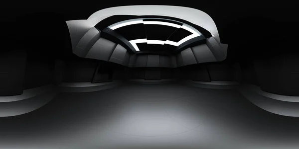 360 graus vista panorâmica esférica de edifício futurista vazio quarto interior 3d renderizar ilustração — Fotografia de Stock