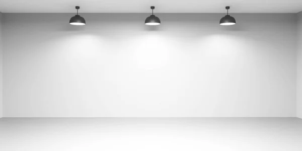 Bílá místnost s prostorem pro prezentaci a černé lampy 3d vykreslení ilustrace prezentace výrobku vitrína — Stock fotografie