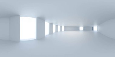 360 shperical panorama manzara beyaz koridor Parlak gün ışığı 3D resimleme