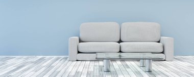 Gri kanepe, beyaz ahşap zemin ve cam masalar ile modern mavi duvar odası deniz konsepti.