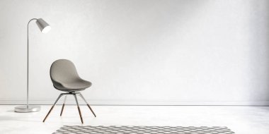 Beyaz duvarları ve lamba 3D çizimi olan büyük, modern bir dairede modern gri koltuk.