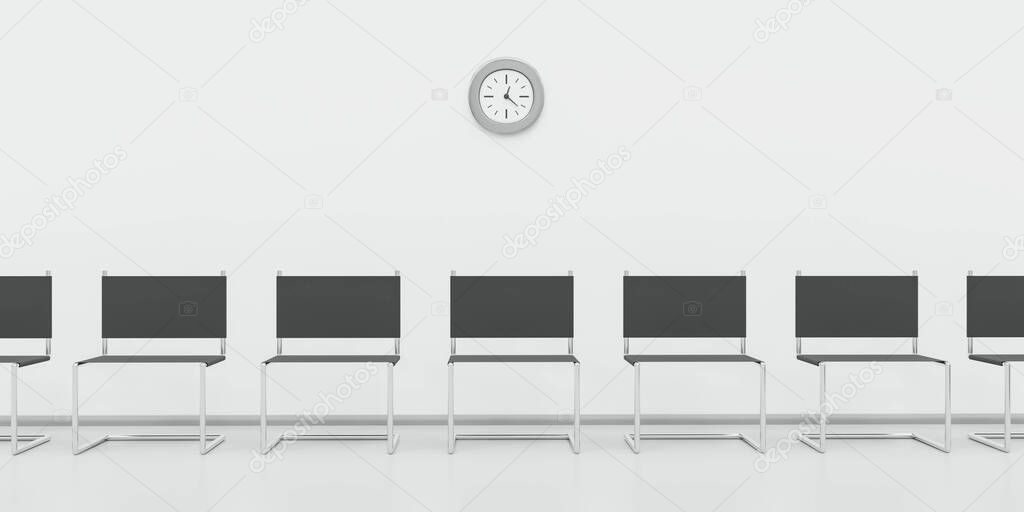 waiting room chairs arranganged in line with clock 3d render illustration
