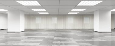 Modern tasarımı olan boş beyaz ofis ve taş döşemeli 3 boyutlu resimli klasik sütunlar.