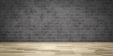 boş siyah iç oda tuğla duvar ve ahşap zemin 3D resimleme