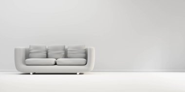 Beyaz deri kanepe, büyük beyaz oda duvarlı yastıklar arka plan 3D çizim