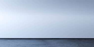 İçi karanlık mermer zeminli boş beyaz duvar odası. 3D resimleme, doğal soğuk gün ışığı.