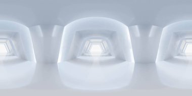 Soyut modern fütüristik beyaz bina iç teknoloji tasarımı 3D resimleme vr hdri stilinde 360 derece panorama shperical view