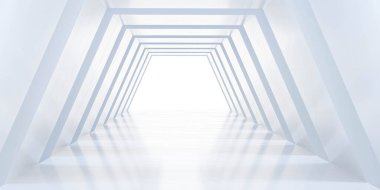 boş beyaz soyut bina koridoru beton duvarlı fütüristik 3D resimleme