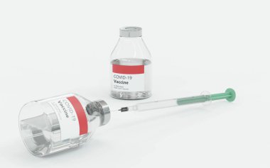 İlaç laboratuarı Coronavirus aşı şişeleri ve bir şırınga, COVID-19 salgın 3D çizim aşısı