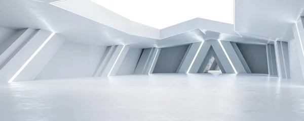 Λευκή αφηρημένη φουτουριστική αίθουσα με σύγχρονο βιομηχανικό στυλ 3d καθιστούν εικονογράφηση — Φωτογραφία Αρχείου
