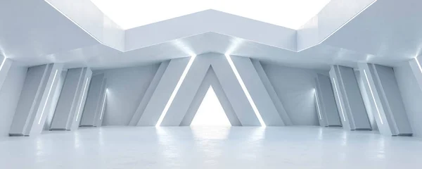 Αφηρημένη φουτουριστικό λευκό σκυρόδεμα κτίριο εσωτερικό με ανοιχτή οροφή και τεχνητό μπλε φωτισμό 3d καθιστούν εικονογράφηση — Φωτογραφία Αρχείου