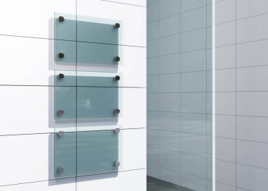 Açık havada parlayan taş duvarda üç boş boş cam tabela 3D çizim