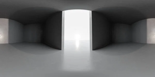 Vacío 360 vista panorámica shperical de gran salón de piedra con grandes puertas abiertas y puesta de sol la iluminación de la salida del sol y el cielo 3d render ilustración —  Fotos de Stock