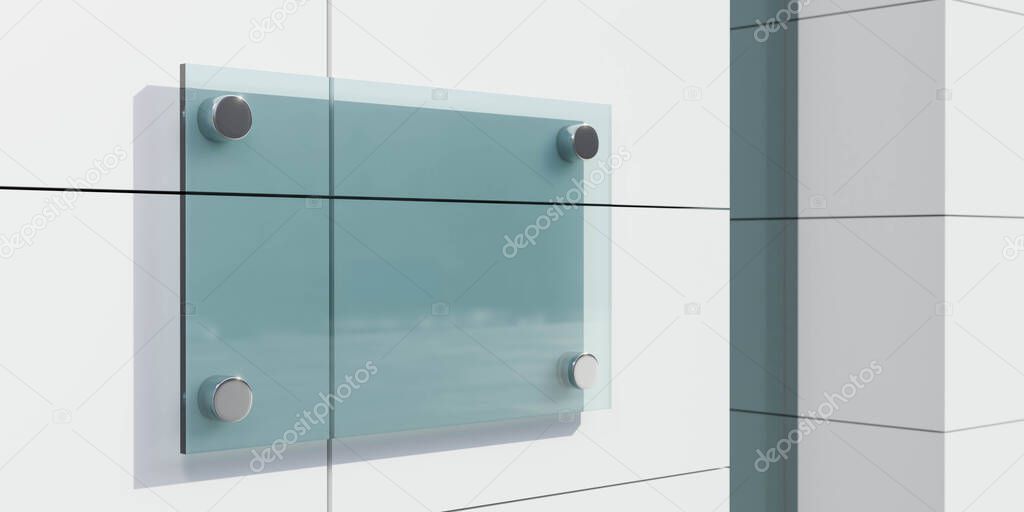 empty blank glass signboard on bright brick wall mockup. outdoor plexiglass signage for hotel or store info template 3d render illustration