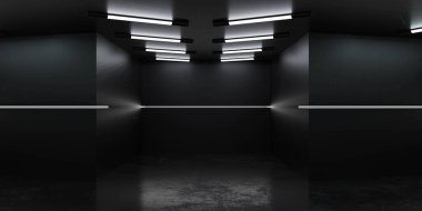 Teknoloji temalı karanlık ofis binası duvarı Tavandan gelen kurşun aydınlatma 3D resimleme