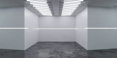 Modern fütüristik ofis binasındaki beyaz duvar. İç daire 3D çizim.