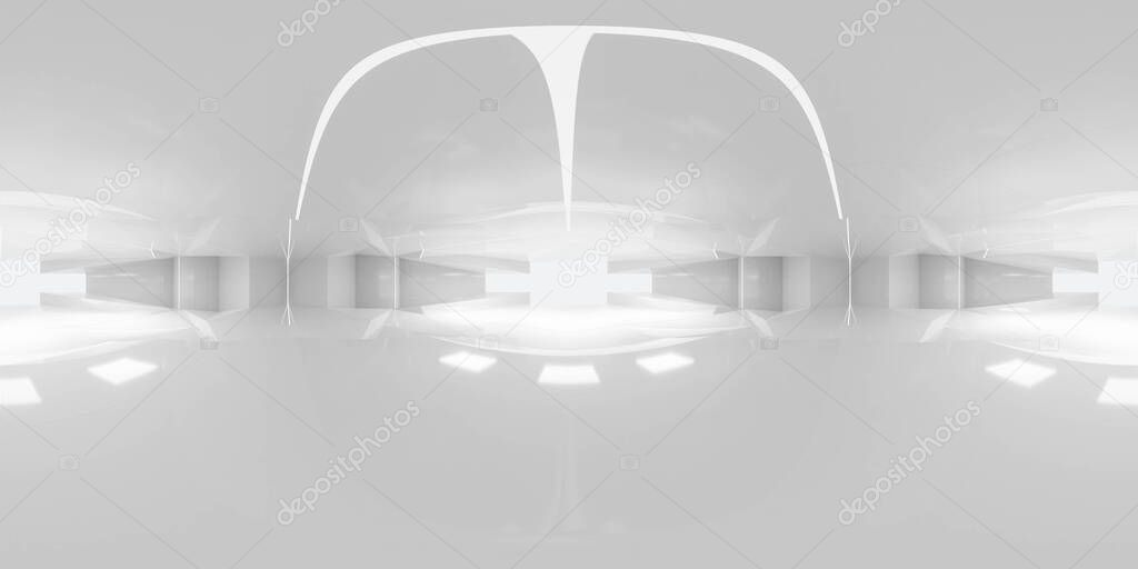 360 spherical panorama view of modern white futuristic hallway corridor with back lighting 3d render illustration vr hdri style