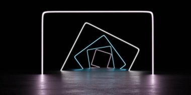Neon pembe ve mavi ışıklandırma 3D resimli koyu fütüristik beton ortam