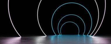 Fütürist mavi ve pembe neon ışıklı 3D resimleme bilim-kurgu siber punk tasarımı