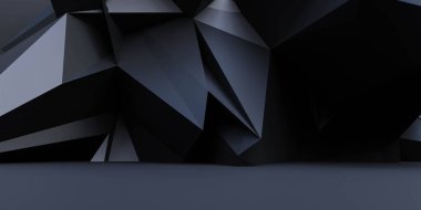 fütüristik mimari tasarımı olan siyah koyu renk çokgen duvar arkaplanı 3D resimleme