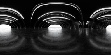 Endüstriyel fabrika salonunun 3D panorama küresel görüntüsü koyu beton yüzey fütüristik endüstriyel tasarımı vr hdr hdri stili.