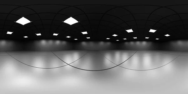 360 σφαιρικό πανόραμα άποψη του κενού σύγχρονου μεγάλου φουτουριστικό δωμάτιο με πλακάκια τοίχους και σκοτεινό πάτωμα 3d καθιστούν εικόνα hdri hdr vr στυλ — Φωτογραφία Αρχείου