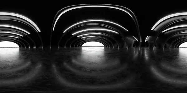 360 панорамний сферичний вид промислового заводу зал 3d візуальна ілюстрація з темною бетонною поверхнею футуристичний промисловий дизайн vr hdr HDri стиль — стокове фото