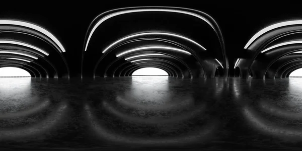 Endüstriyel fabrika salonunun 3D panorama küresel görüntüsü koyu beton yüzey fütüristik endüstriyel tasarımı vr hdr hdri stili.