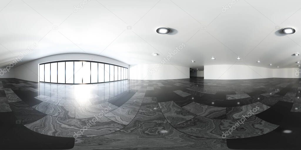 360 panorama spherical view of big room loft office with marble floor and sun lighting 3d render illustration hdri hdr vr style