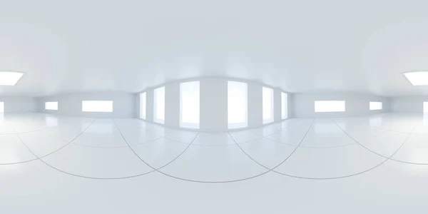 360 vista panorâmica esférica de vazio abstrato branco futurista edifício interior grande loft quarto 3d renderizar ilustração com design de arquitetura moderna estilo hdri hdr vr — Fotografia de Stock