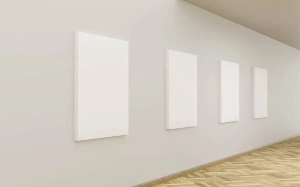 Prázdné plátno na bílé stěně v galerii s dřevěnou podlahou výstava 3d vykreslení ilustrace maketa up šablony — Stock fotografie