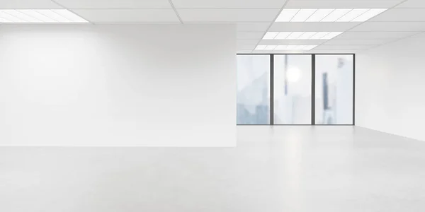 Μεγάλο λευκό άδειο πατάρι δωμάτιο με μεγάλο παράθυρο και θέα στην πόλη 3D καθιστούν εικονογράφηση — Φωτογραφία Αρχείου