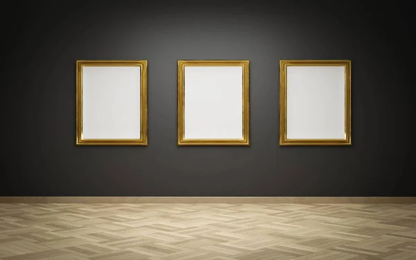 Empty golden picture frames with blank canvas on black wall in art gallery exhibition 3d render illustration mock up template — Stock Photo, Image