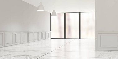 beyaz büyük oturma odası mermer zemin ve büyük pencereler 3D resimleme