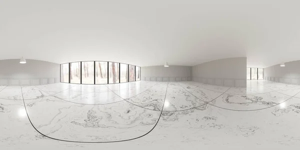 360 vue panoramique sphérique de grand salon blanc avec de grandes fenêtres et marbre au sol 3d rendre l'illustration vr hdri hdr style — Photo