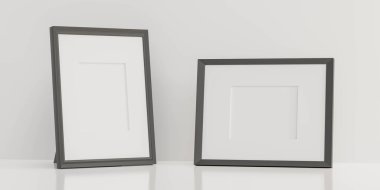 Beyaz arkaplandaki boş boş siyah ahşap çerçeve yansımaları 3D resimleme