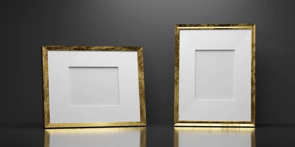 Lege blanco klassieke gouden fotolijst op donkere achtergrond 3d weergave illustratie — Stockfoto