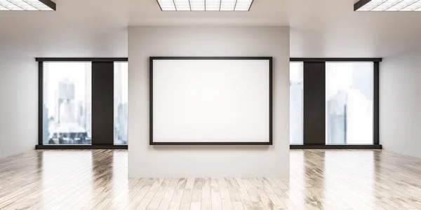 Κενό λευκό πίνακα flip chart με σύγχρονο φόντο γραφείο με μεγάλα παράθυρα και αστικό άποψη της πόλης 3d καθιστούν εικονογράφηση — Φωτογραφία Αρχείου