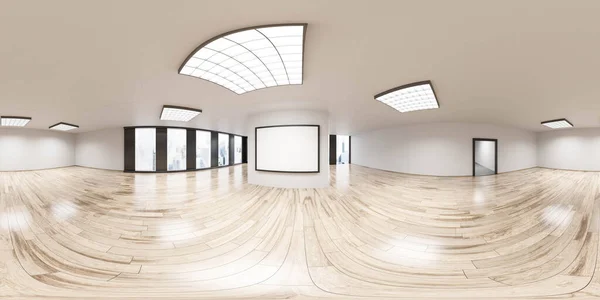 360 küresel panorama görüntüsü modern büyük beyaz ofis beyaz tahta kaplama çizelgesi ve pencereler ve şehir manzarası 3D resimleme