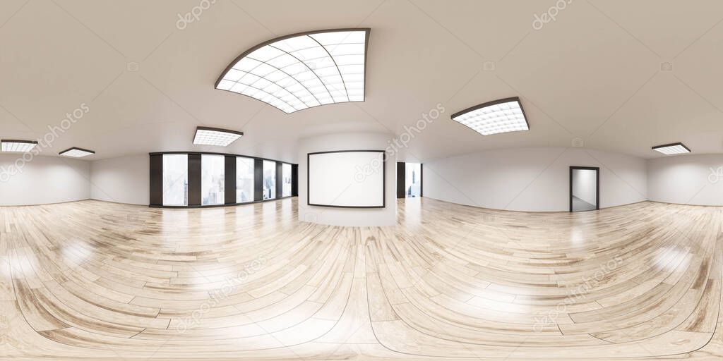 360 spherical panorama view of modern big white office with white board flip chart and windows and city view 3d render illustration