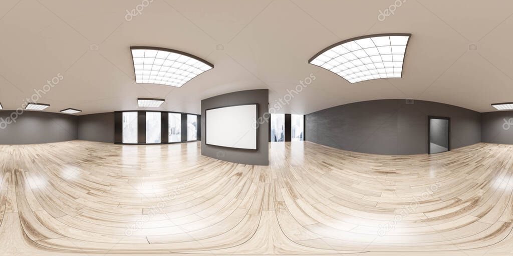 360 spherical panorama view of big office with empty blank flip chart white board 3d render illustration