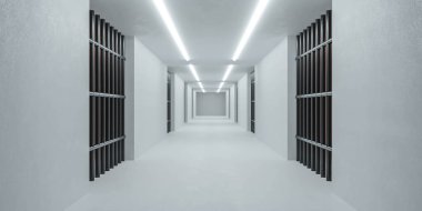 Metal kapılı beyaz gelecekçi hapishane bodrum koridoru 3 boyutlu resimleme