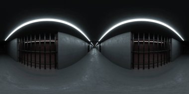 360 küresel paborama görünümlü karanlık endüstriyel hapishane binası giriş koridoru 3D görüntü hdri hdr style