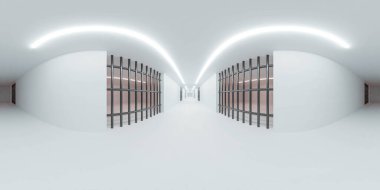 Modern fütüristik beyaz hapishane binasının 360 küresel manzaralı iç koridorun bodrum katı 3D resimleme