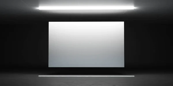 Cartel blanco en blanco en salón industrial oscuro 3d render illustration —  Fotos de Stock