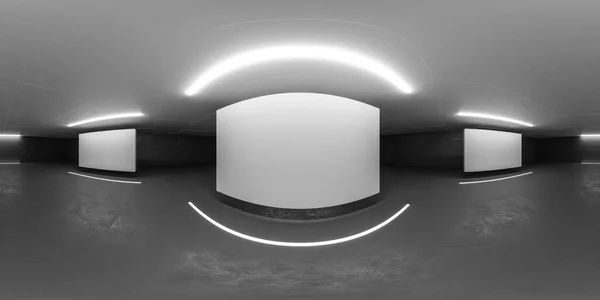 360 πανοραμική θέα της μεγάλης σκοτεινής βιομηχανικής αίθουσας με λευκό κενό αφίσα τοίχο 3d καθιστούν εικονογράφηση — Φωτογραφία Αρχείου