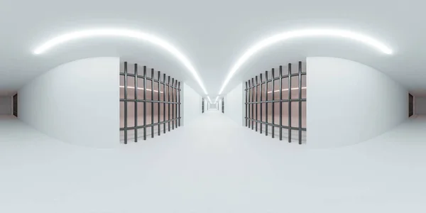 Modern fütüristik beyaz hapishane binasının 360 küresel manzaralı iç koridorun bodrum katı 3D resimleme