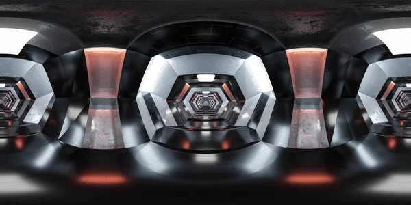 360 σφαιρικό πανόραμα άποψη του φουτουριστικού sci-fi κτίριο εσωτερικό 3d καθιστούν εικονογράφηση — Φωτογραφία Αρχείου