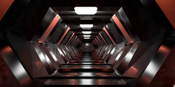 Futurista ciencia ficción diseño estación espacial pasillo túnel 3d renderizado ilustración con reflexiones y ciencia ficción diseño fondo de pantalla — Foto de Stock